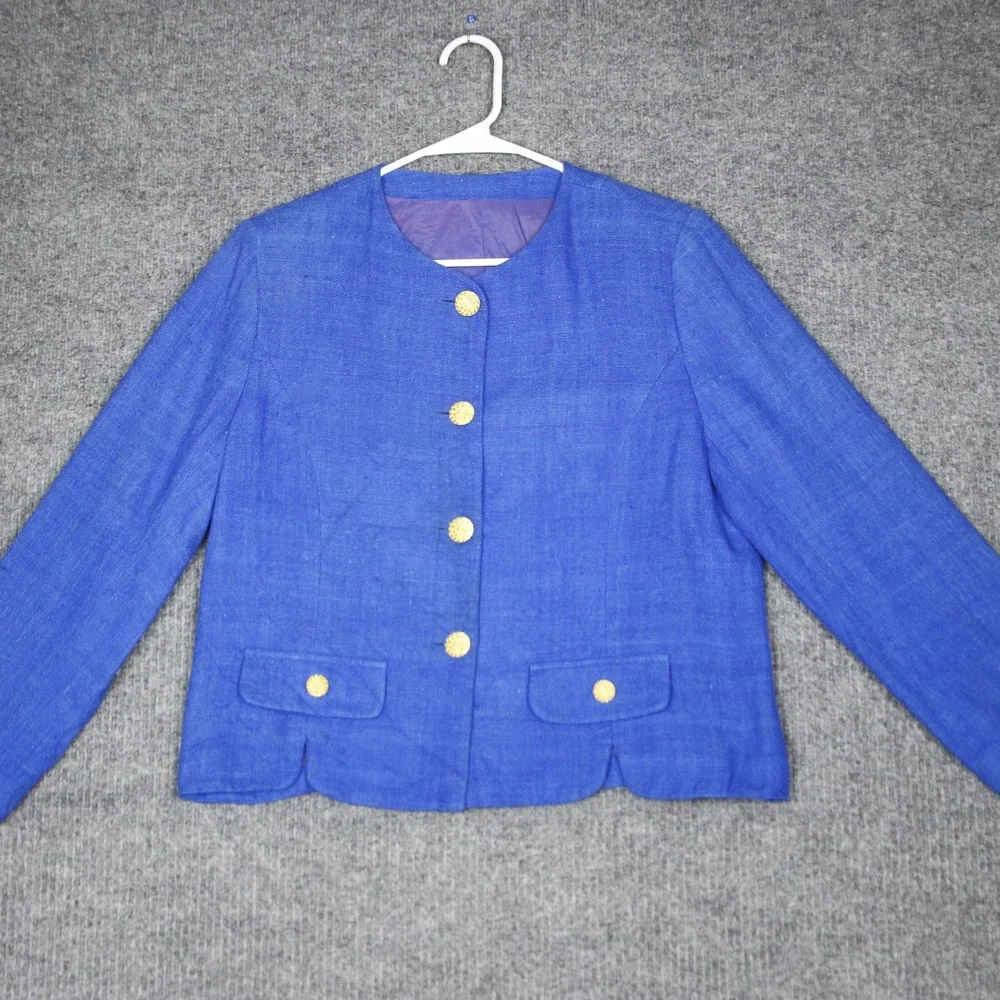 Gever Originals Women's Blue Tweed Blazer Jacket Gold Button Pockets‎ Size M
